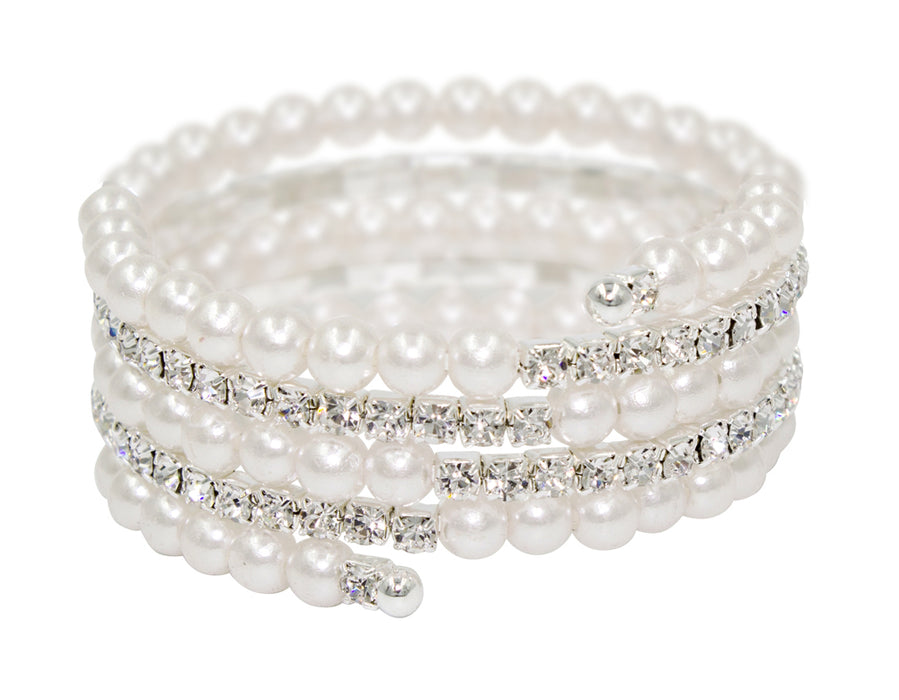 #16465 Pearl and Rhinestone Memory Coil Wrap Coil Bracelet