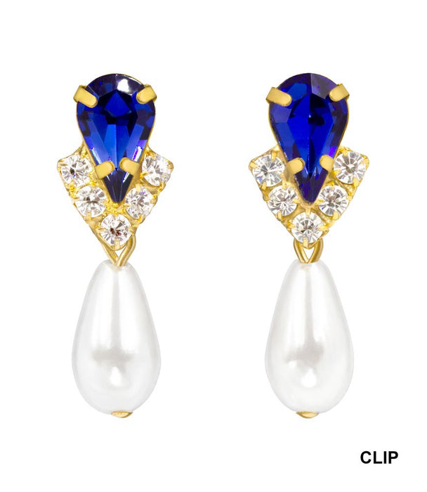 #5538SAPHG CLIP - Rhinestone Pear V Pearl Drop Earrings - Sapphire Gold Plated - Clip