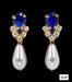 Earrings - Dangle #5538SAPHG CLIP - Rhinestone Pear V Pearl Drop Earrings - Sapphire Gold Plated - Clip