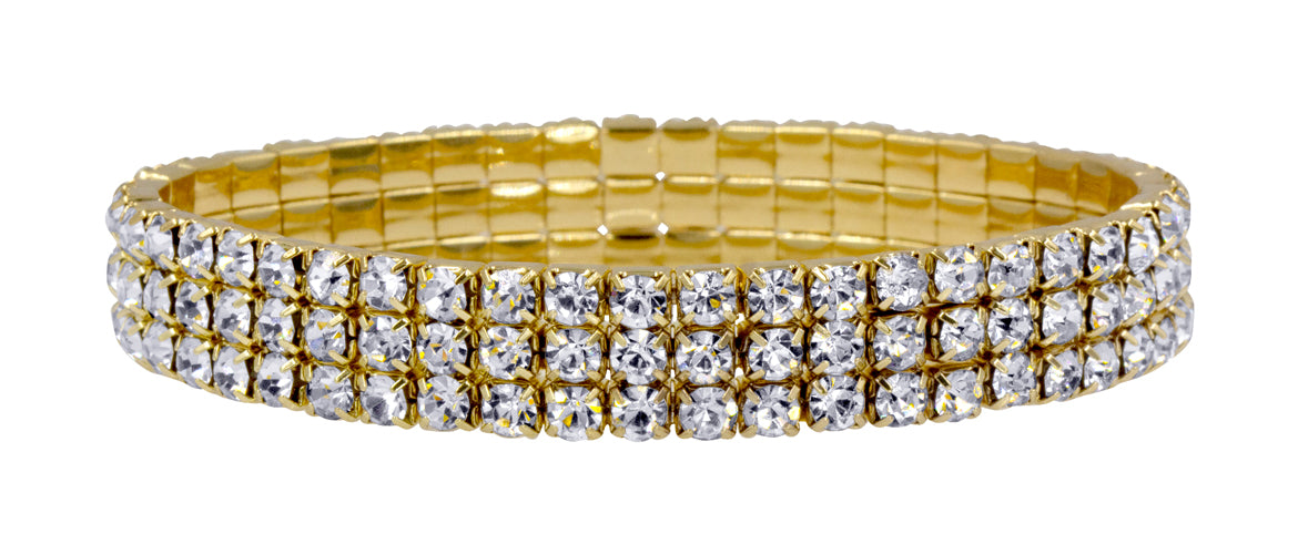 #11949 - 3 Row Stretch Rhinestone Bracelet - All Clear Crystal Gold