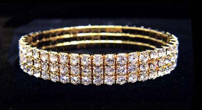 #11949 - 3 Row Stretch Rhinestone Bracelet - All Clear Crystal Gold