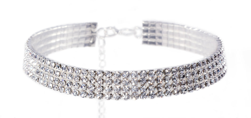 #12203 - 4 Row Stretch Rhinestone Necklace - Clear Crystal Silver
