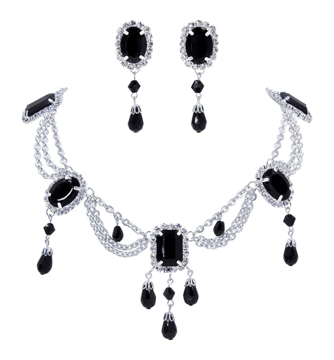 Jet Octagon and Oval Necklace and Earring Set #12682