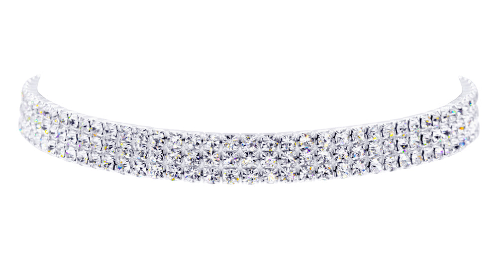 #13332 - 3 Row Stretch Rhinestone Necklace - Clear Crystal Silver