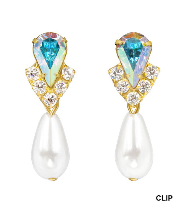 #5538ABGCLIP - Rhinestone Pear V Pearl Drop Earrings - AB Gold Plated - Clip