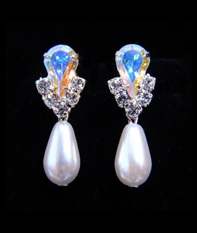 #5538ABS - Rhinestone Pear V Pearl Drop Earrings - AB Silver Plated