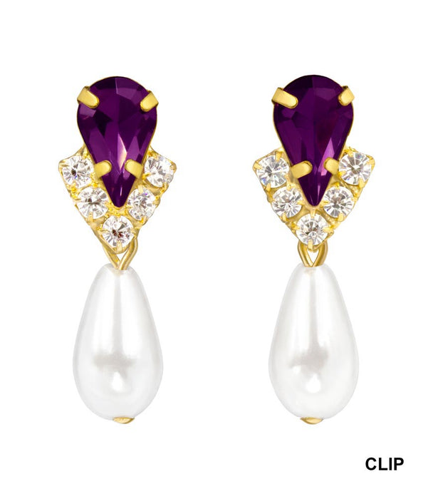#5538AMYGCLIP - Rhinestone Pear V Pearl Drop Earrings - Amethyst Gold Plated - Clip