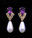 #5538AMYG - Rhinestone Pear V Pearl Drop Earrings - Amethyst Gold Plated