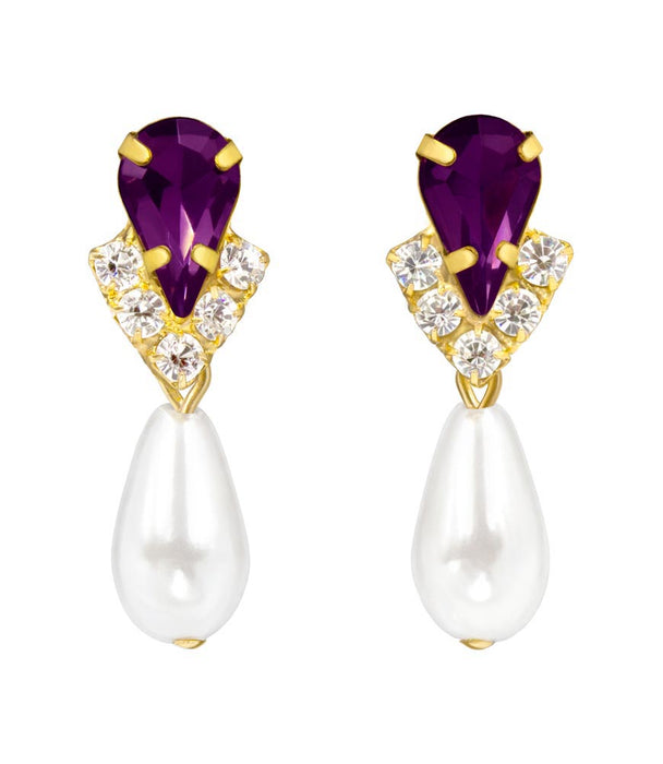 #5538AMYG - Rhinestone Pear V Pearl Drop Earrings - Amethyst Gold Plated