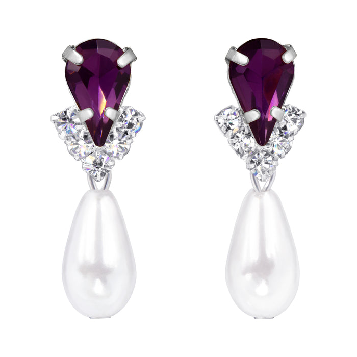#5538AMYS - Rhinestone Pear V Pearl Drop Earrings - Amethyst Silver Plated