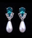 #5538BZS - Rhinestone Pear V Pearl Drop Earrings - Blue Zircon Silver