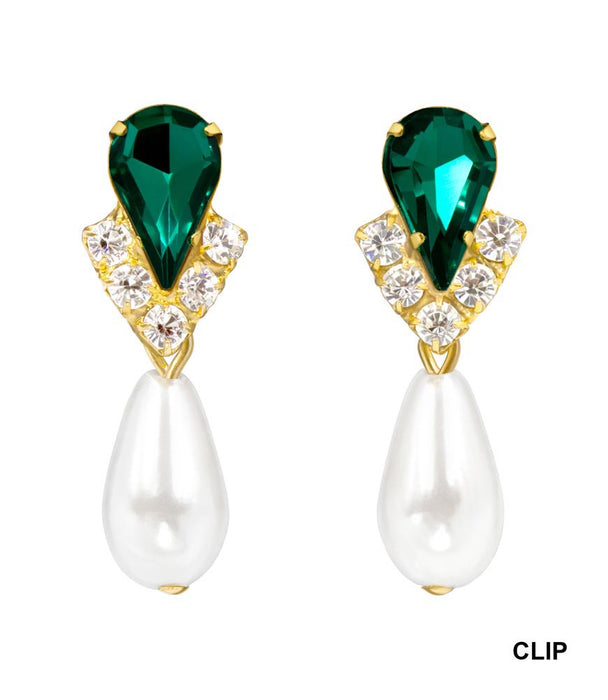 #5538EMG CLIP - Rhinestone Pear V Pearl Drop Earrings-Emerald Gold-Clip
