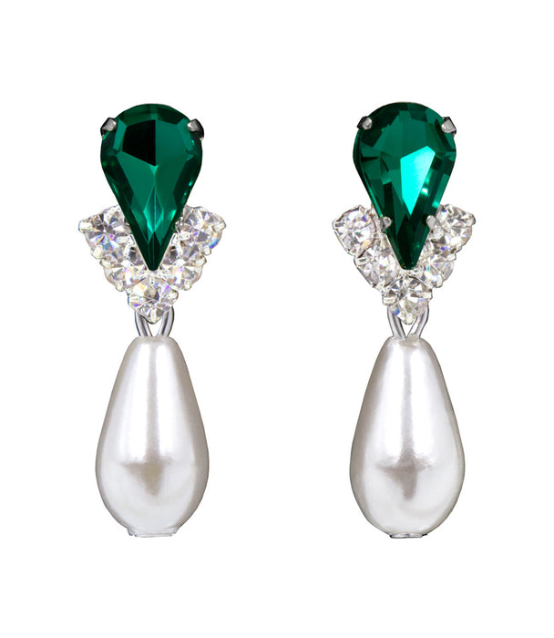 #5538EMS -Rhinestone Pear V Pearl Drop Earrings-Emerald Silver