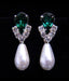 #5538EMS -Rhinestone Pear V Pearl Drop Earrings-Emerald Silver