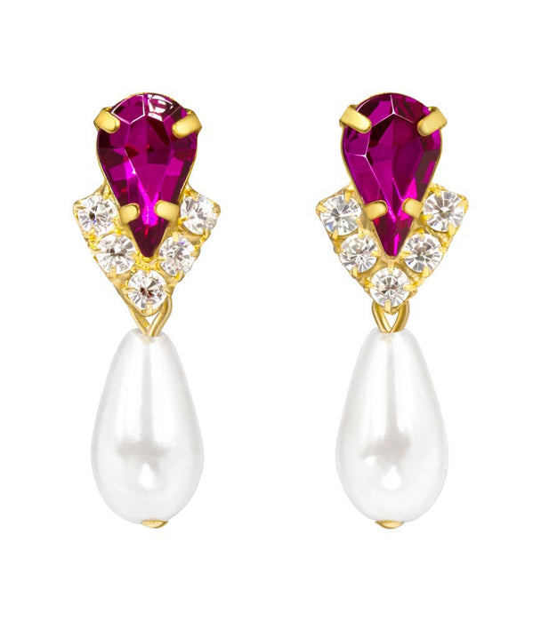 #5538FUCHG - Rhinestone Pear V Pearl Drop Earrings - Fuchsia Gold Plated