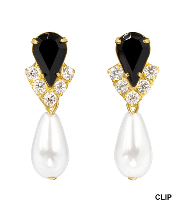 #5538JETG CLIP - Rhinestone Pear V Pearl Drop Earrings - Jet Gold Plated - Clip