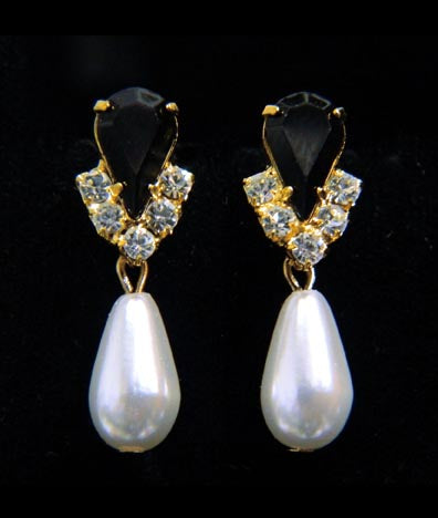 #5538JETG - Rhinestone Pear V Pearl Drop Earrings - Jet Gold Plated