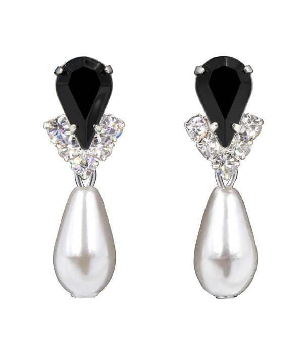 #5538JETS - Rhinestone Pear V Pearl Drop Earrings - Jet Silver Plated