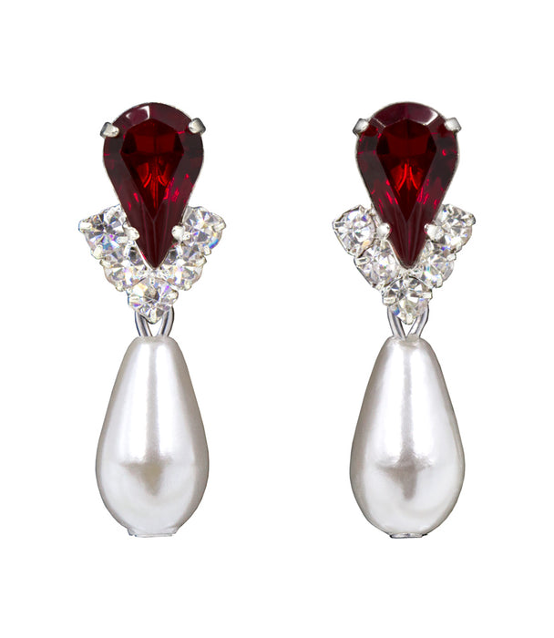 #5538RUBYS - Rhinestone Pear V Pearl Drop Earrings - Ruby Silver Plated