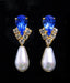 #5538SAPHG - Rhinestone Pear V Pearl Drop Earrings - Sapphire Gold Plated