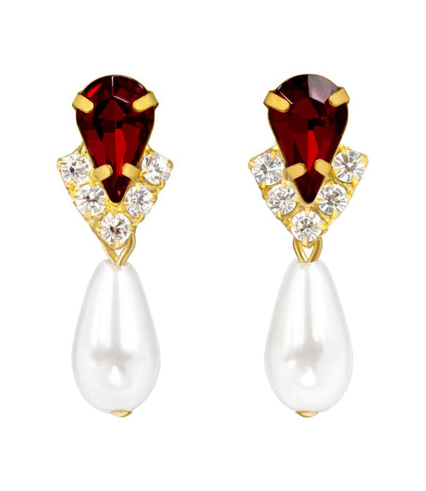 #5538SIAMG - Rhinestone Pear V Pearl Drop Earrings - Siam Gold Plated