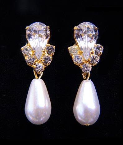 #5538XG - Rhinestone Pear V Pearl Drop Earrings - Crystal Gold Plated