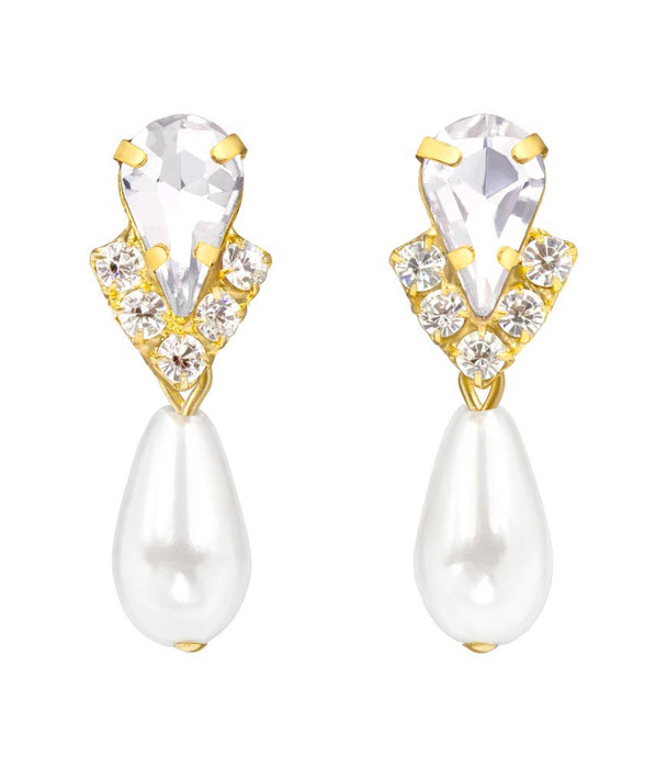 #5538XG - Rhinestone Pear V Pearl Drop Earrings - Crystal Gold Plated