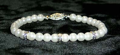 #9880 - 6mm Simulated White Pearl and Rhinestone Spacers Bracelets - 8"