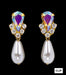 Earrings - Dangle #5538ABGCLIP - Rhinestone Pear V Pearl Drop Earrings - AB Gold Plated - Clip