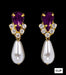 Earrings - Dangle #5538AMYGCLIP - Rhinestone Pear V Pearl Drop Earrings - Amethyst Gold Plated - Clip