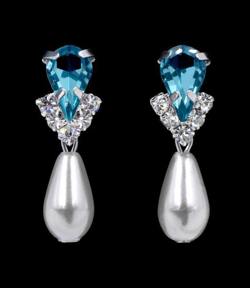 Earrings - Dangle #5538AQUAS - Rhinestone Pear V Pearl Drop Earrings - AQUA Silver Plated