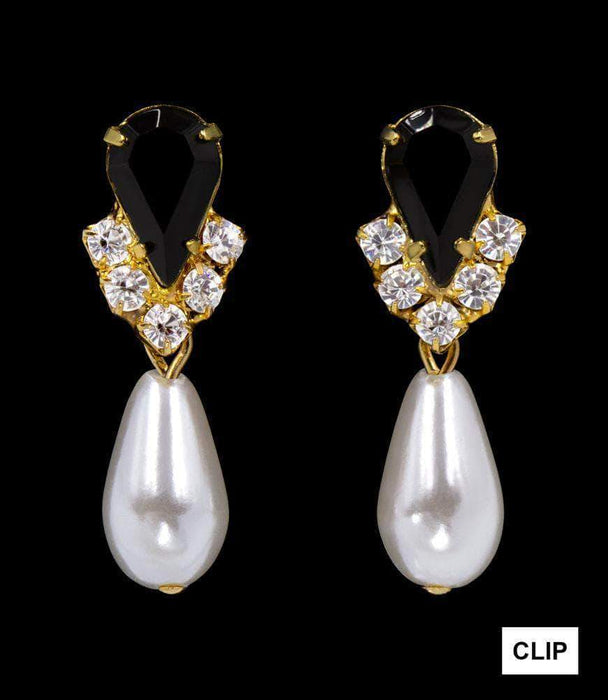 Earrings - Dangle #5538JETG CLIP - Rhinestone Pear V Pearl Drop Earrings - Jet Gold Plated - Clip